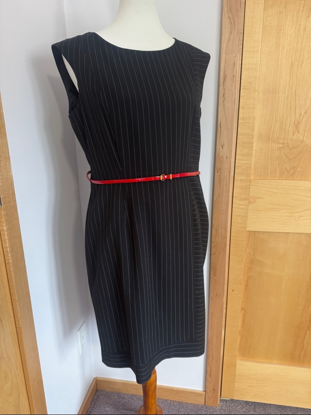 Calvin Klein Black Pinstripe Midi Dress with Red Belt